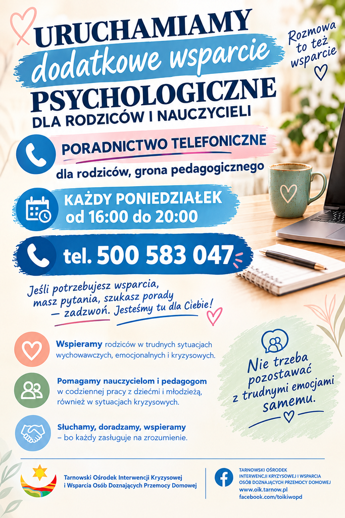 plakat o wsparciu psychologicznym i poradnictwie telefonicznym dla rodziców i nauczycieli